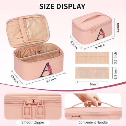 OCHEAL Initial Makeup Bag,Monogram Make up Bag Pink Travel Makeup Organizer Case Beauty Toiletry Cosmetic Bag with Brush Holder, Trendy Stuff Personalized Gifts for Women and Girls-A