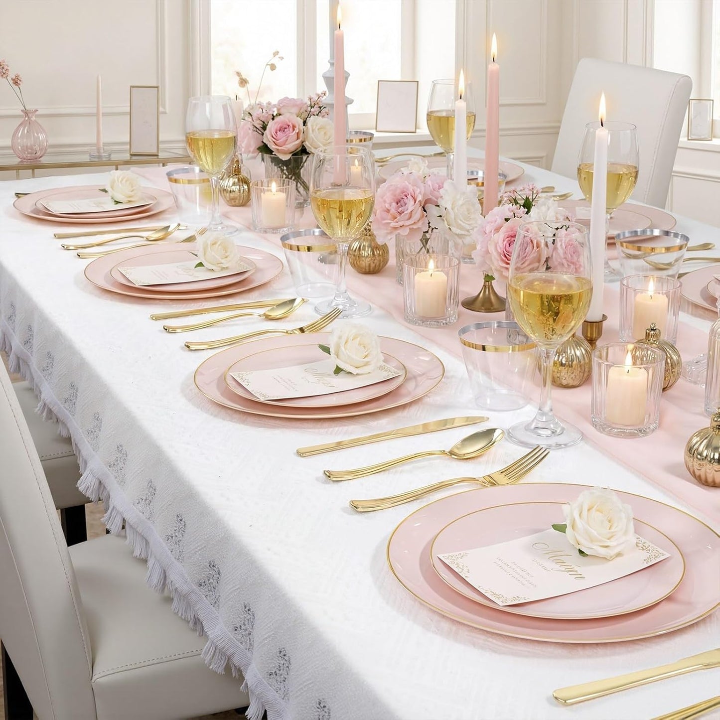 WDF 150Pcs Pink Plates Disposable - Pink and Gold Plastic Plates 25guest Disposable Dinnerware Include 25 Dinner Plate, 25 Dessert Plate, 25 Cutlery & 25 9oz Cups for Baby Shower/Wedding/Birthday