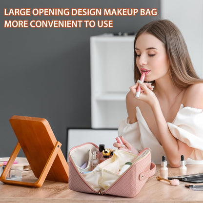 Large Capacity Travel Makeup Bag for Women, Waterproof Portable Cosmetic Bag with Compartments, Foldable Flat Lay Design for Easy Access, Perfect for Toiletries & Beauty Essentials (Pink)