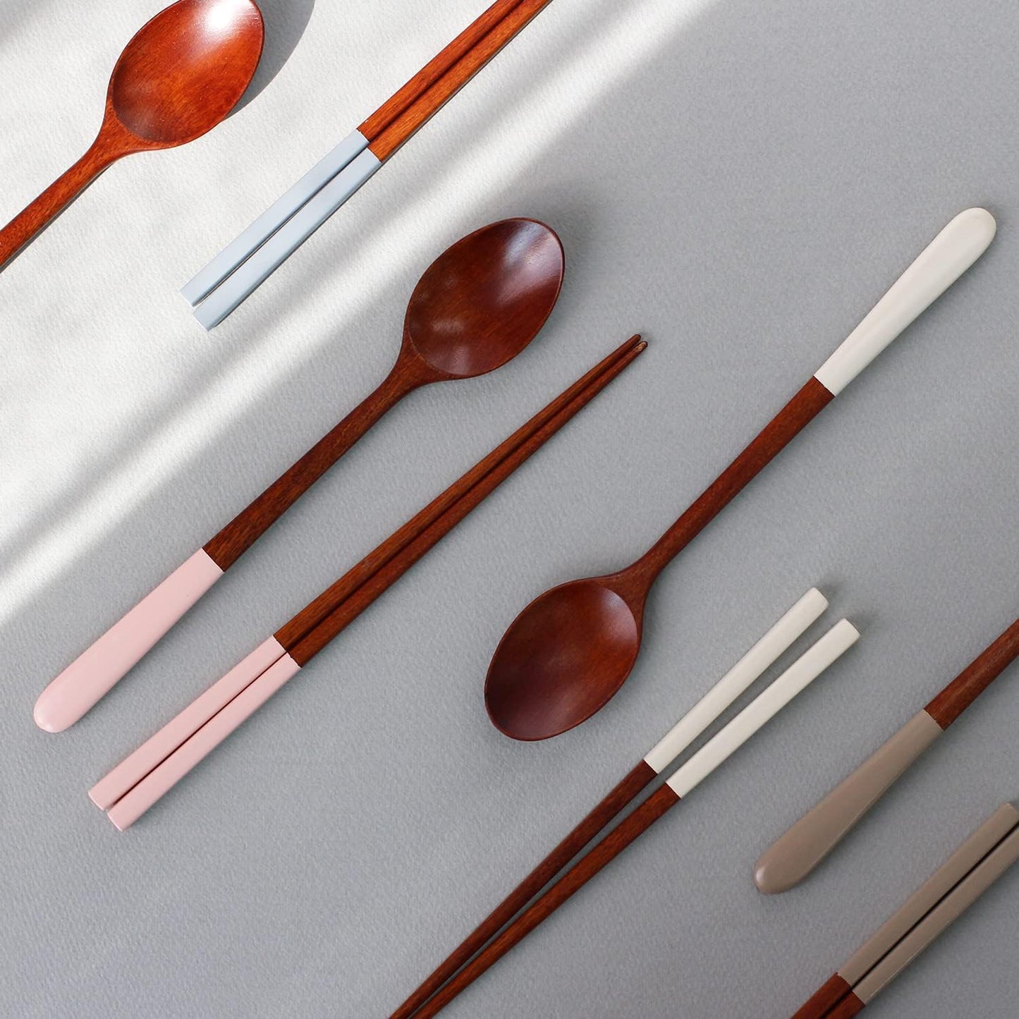 MANMUL sangjeom Korea Style Spoon and Chopsticks Set, 4 set lacquer Wooden Chopsticks Spoon (beige+pink+ivory+gray)