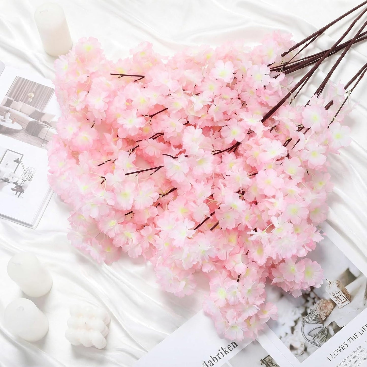 Daifunli 6 Pcs Artificial Cherry Blossom Branches Silk Fake Cherry Blossom Flowers 43 Inch Faux Stems for Spring Home Decor, Table Centerpieces, Wedding Bouquets(Light Pink,Classic)