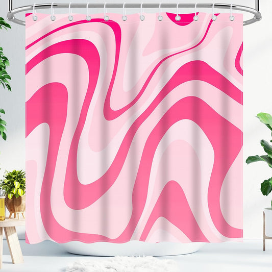 Fiodrimy Pink Shower Curtain Cute Preppy Aesthetic 70S 80S Abstract Wavy Swirl Shower Curtain with 12 Hooks, Groovy Teen Girls Bathroom Accessories 72 * 72 Inches, Pink