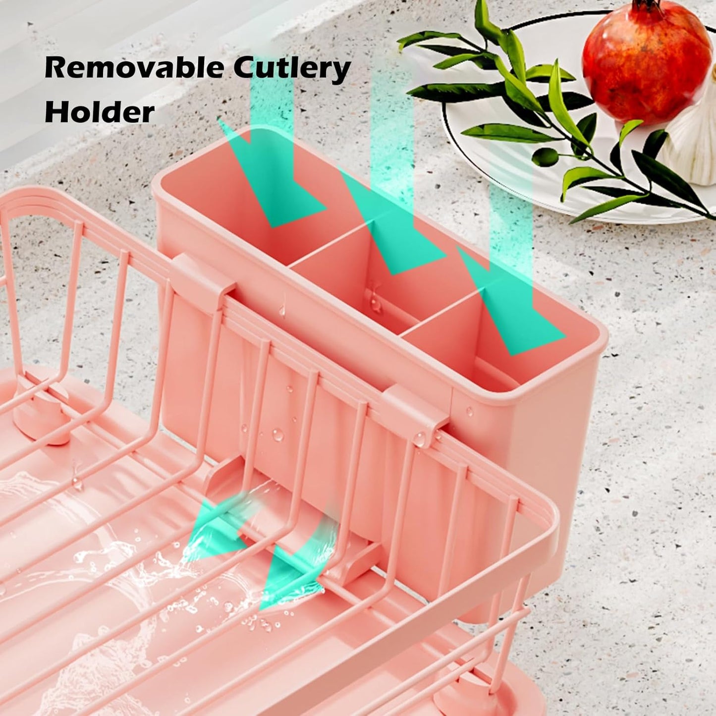 Small Dish Drying Rack, Space Saving Dish Racks for Kitchen Counter, Kitchen Organizer Dish Drainer with Cutlery Holder for Spoons and Forks, 11''W x 15''L, Pink