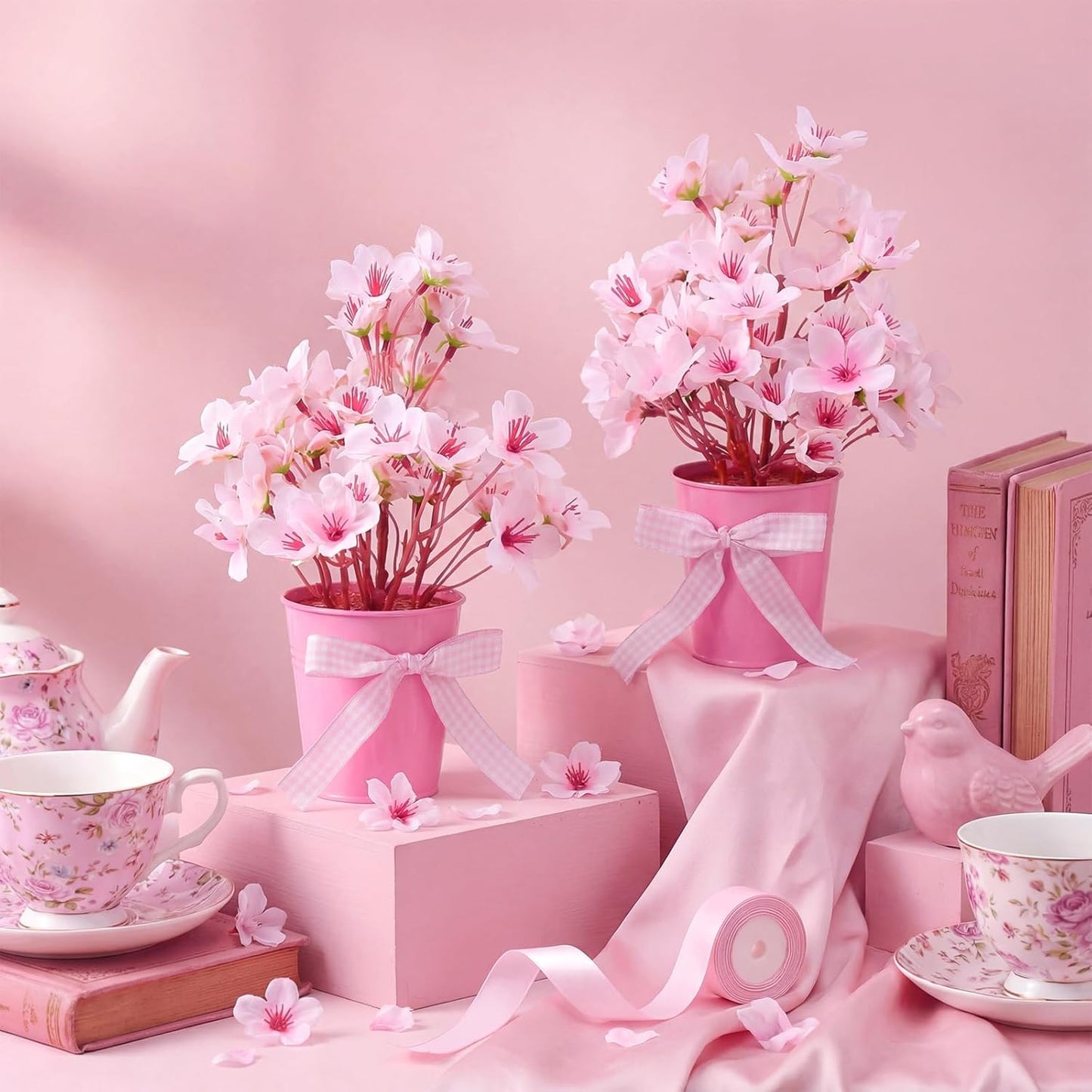 Suncalla 2 Pack Small Artificial Cherry Blossom Plant in Pots Faux Flower Potted Plants Pink Arrangement Rustic Home Decor 7.9" Tall for Sakura Japanese Table Centerpiece Windowsill Indoor Decor