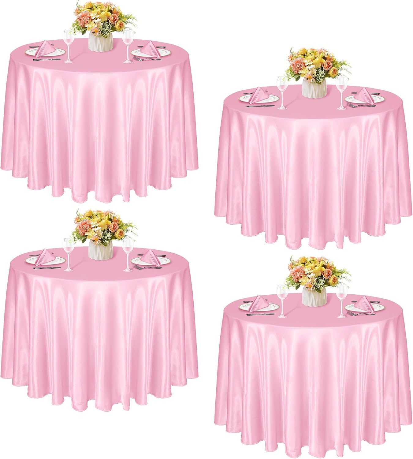 KKJIAF 4 Pack 120 Inch Round Tablecloth Satin Light Pink Tablecloth, Silky Satin Round Table Cover Dining Table Cloth for Wedding, Party, Banquet, Restaurant, Formal Events