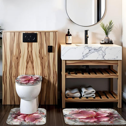 AZHM 4Pcs Pink 3D Floral Bathroom Shower Curtain Set Modern Marble Shower Curtain and Rugs Spring Flower Bathroom Set with Accessories and 12 Hooks