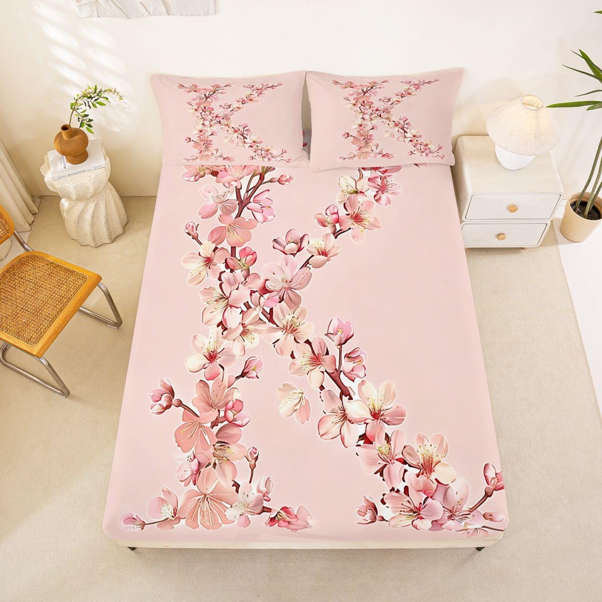 Feelyou Floral K Fitted Sheet with 2 Pillowcases Queen Size Initial Letter Bed Sheets Set 16" Deep Pocket Boys Girls Romantic Flower Bedding Teens Bedroom Decor Breathable Soft Lightweight Microfiber