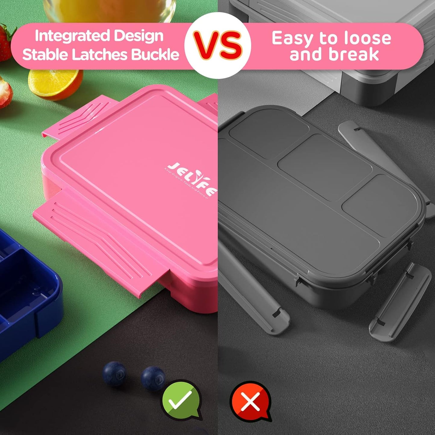 Jelife Kids Bento Box Lunch Box - 1450ml Leakproof 6 Compartments Bento Lunchbox Kids Lunch Boxes with Food Utensils for Back to School, Book-Style Lunch Snack Containers for Toddler Daycare, Pink