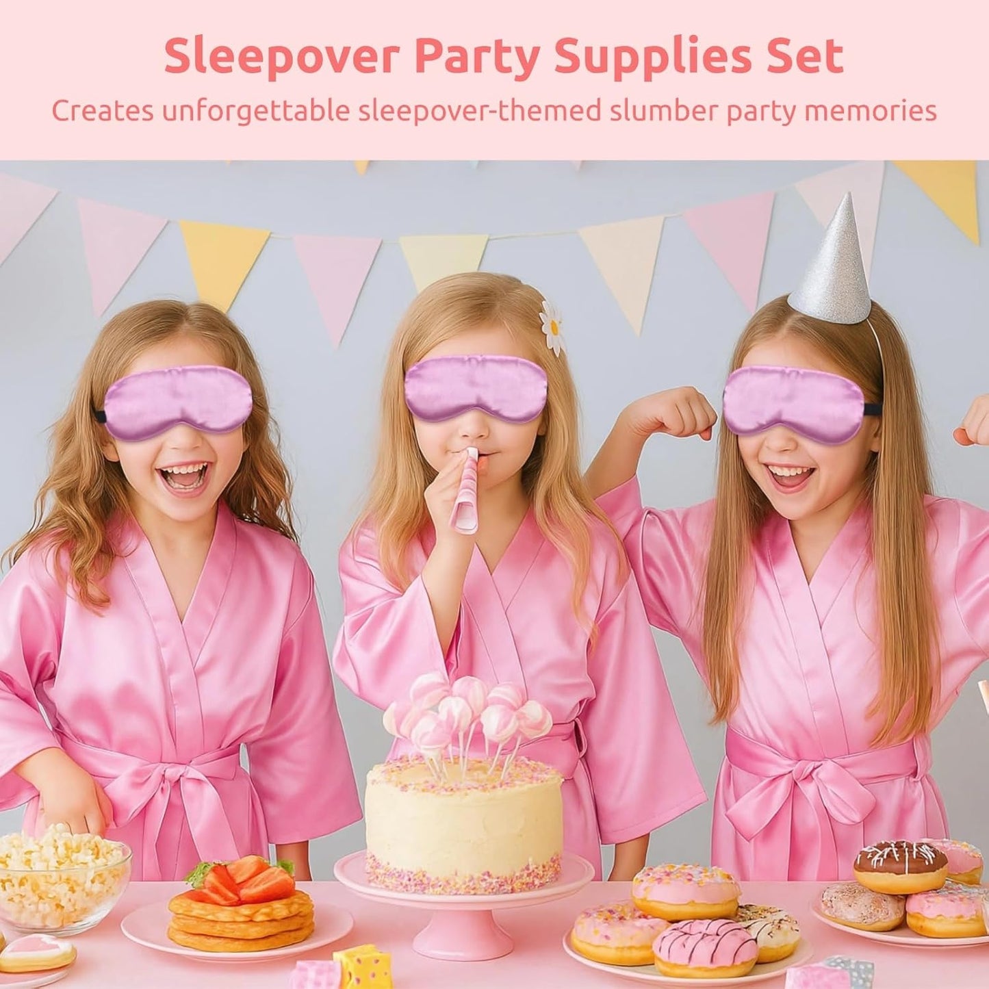 36 Pcs Sleepover Party Supplies Set for Little Girls, Pink Spa Robes with Matching Eye Masks and Tote Bags, Includes Facial Care Headbands and Wristbands, Birthday Party Favors for Kids