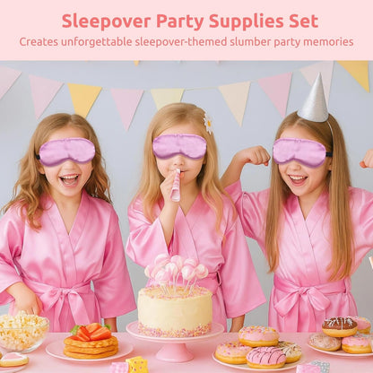 36 Pcs Sleepover Party Supplies Set for Little Girls, Pink Spa Robes with Matching Eye Masks and Tote Bags, Includes Facial Care Headbands and Wristbands, Birthday Party Favors for Kids