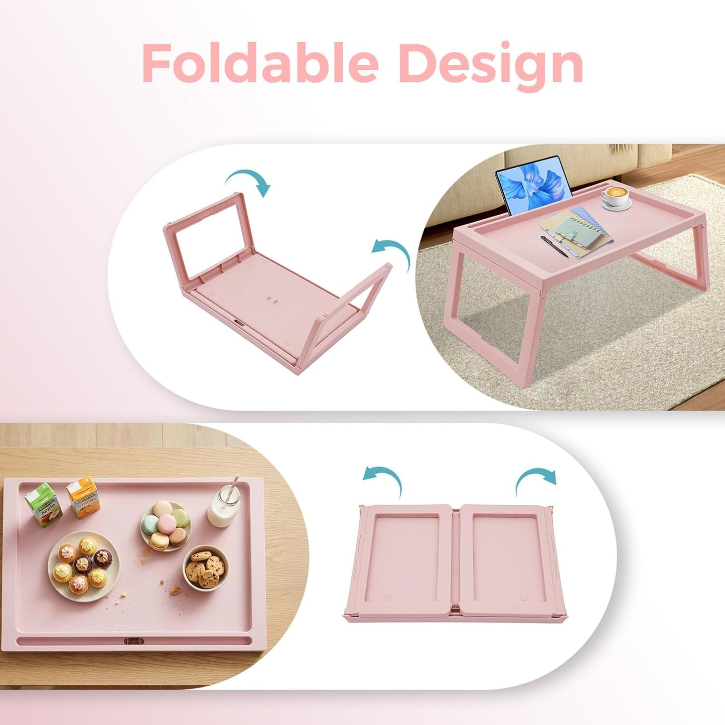 6 Pack Bed Breakfast Tray with Foldable Legs, Cute Pink Eating Kids Lap Trays Table, Serving Food Trays with Phone Slots for Sofa Bed Eating Studying Working