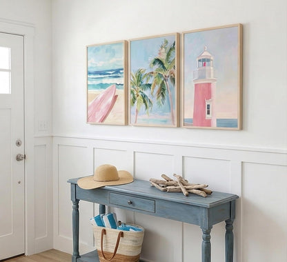 Jamortty Coastal Beach Wall Art Preppy Room Decor, Pastel Pink Surfboard Palm Tree Lighthouse Aesthetic Posters for Teen Girl Bedroom Bathroom, Unframed Prints Set of 3 (16x24 Inch)
