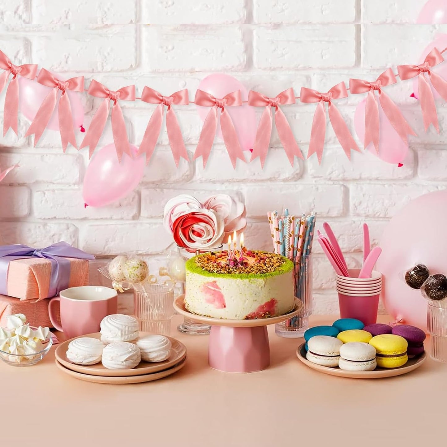 Bow Garland Ribbon Bow Banner for Coquette Birthday Decortions Girls Baby Shower Bow Party Decor (Peach Pink)
