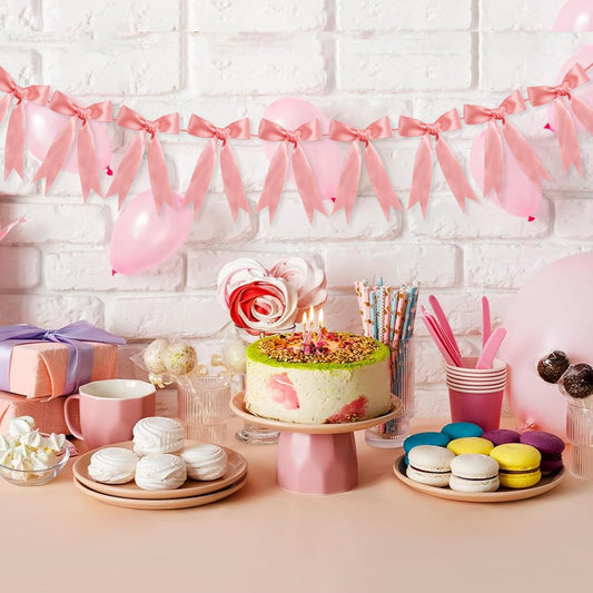 Bow Garland Ribbon Bow Banner for Coquette Birthday Decortions Girls Baby Shower Bow Party Decor (Peach Pink)