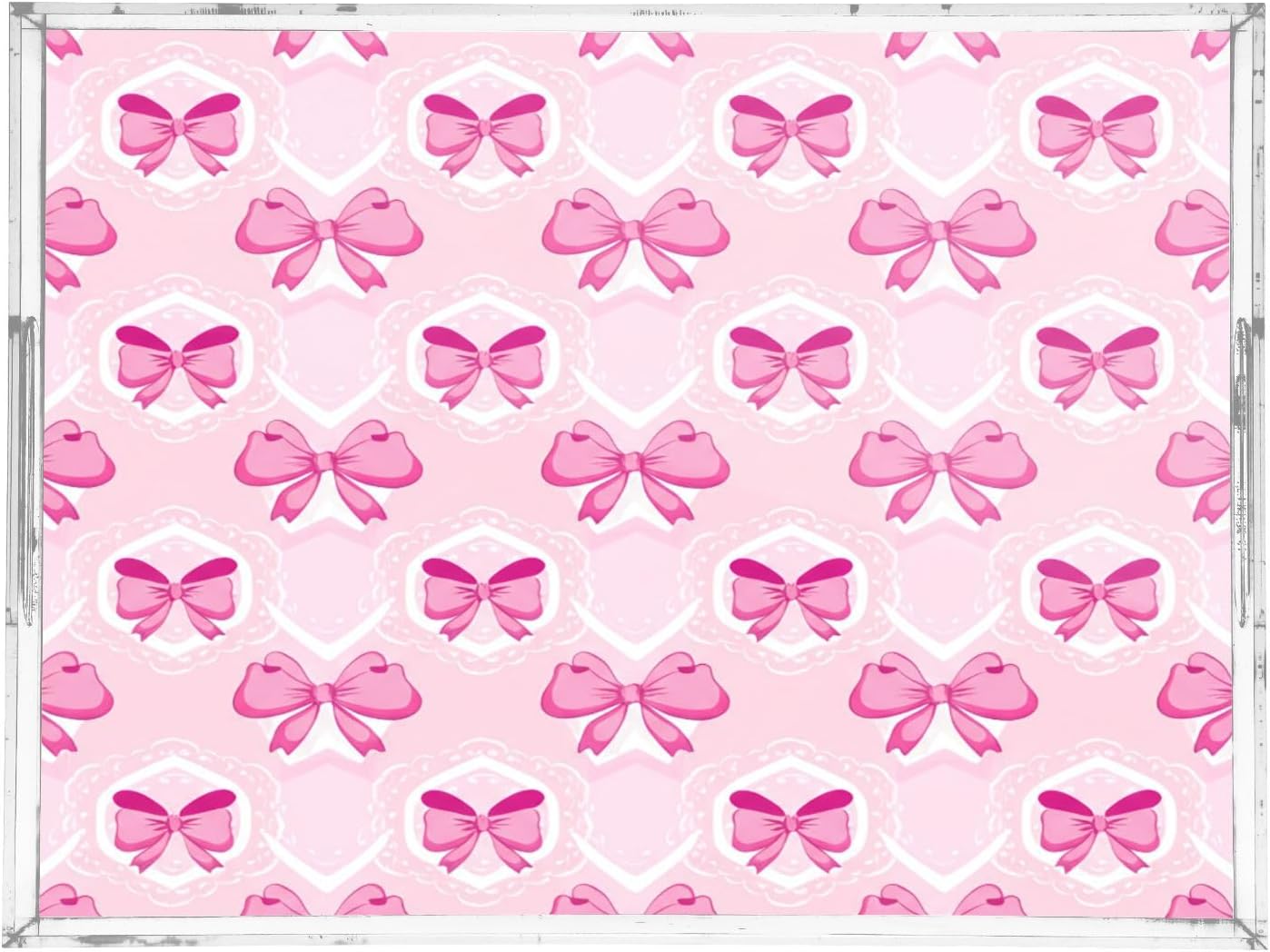 Light Pink Bows Serving Tray 12" x 16" Acrylic Trays with Handles Decorative Serving Platter for Coffee, Breakfast in Bed, Dinner, Appetizers, Patio, Party