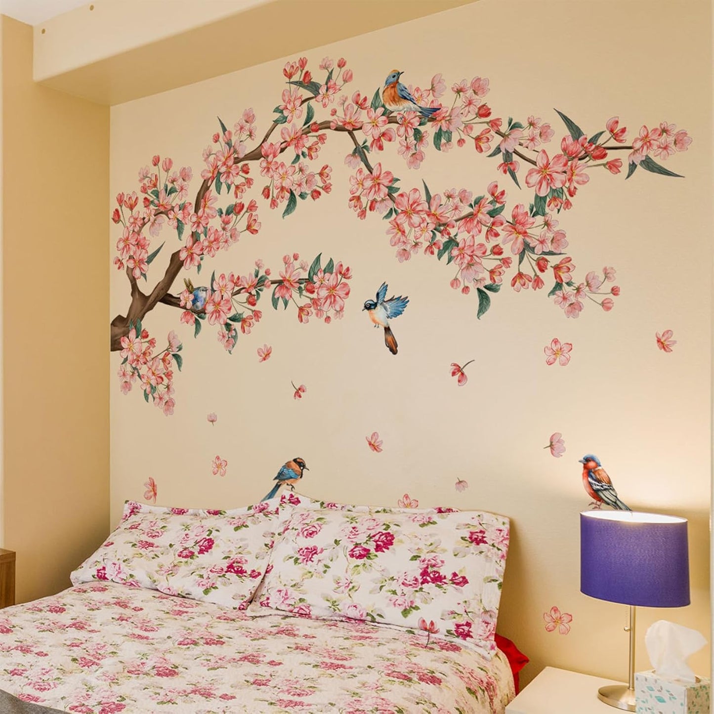 Pink Flower Wall Stickers, 39"x 46" Removable DIY Romantic Peach Blossom Tree Wall Murals Peel and Stick 3D Wall Art Stickers Home Decor for Girls Bedroom Nursery Rooms Living Room