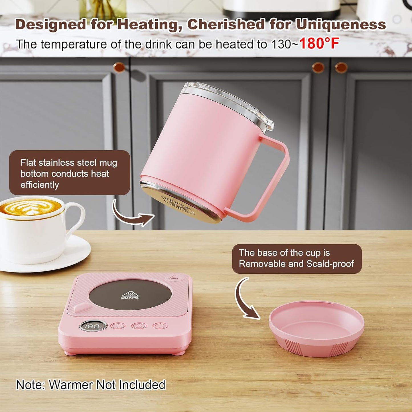 Felibeaco 16oz Heated Coffee Mug with Flat Bottom for Rapid Heating, Stainless Steel Heated Coffee Cup Suitable for Different Coffee Mug Warmer/Heaters, Heated Mug/Cup for Home and Office Desk,Pink