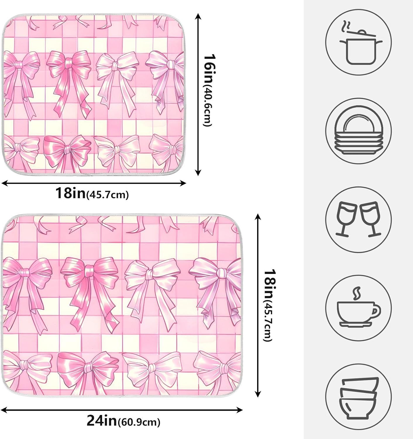 Pink Bow Dish Drying Mat, Absorbent Microfiber Kitchen Counter Mat, Dish Drying Pad for Dishes, 16"x18"