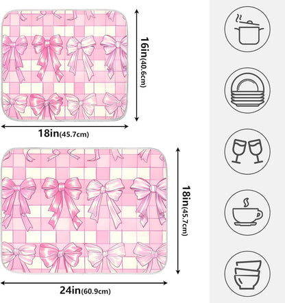 Pink Bow Dish Drying Mat, Absorbent Microfiber Kitchen Counter Mat, Dish Drying Pad for Dishes, 16"x18"