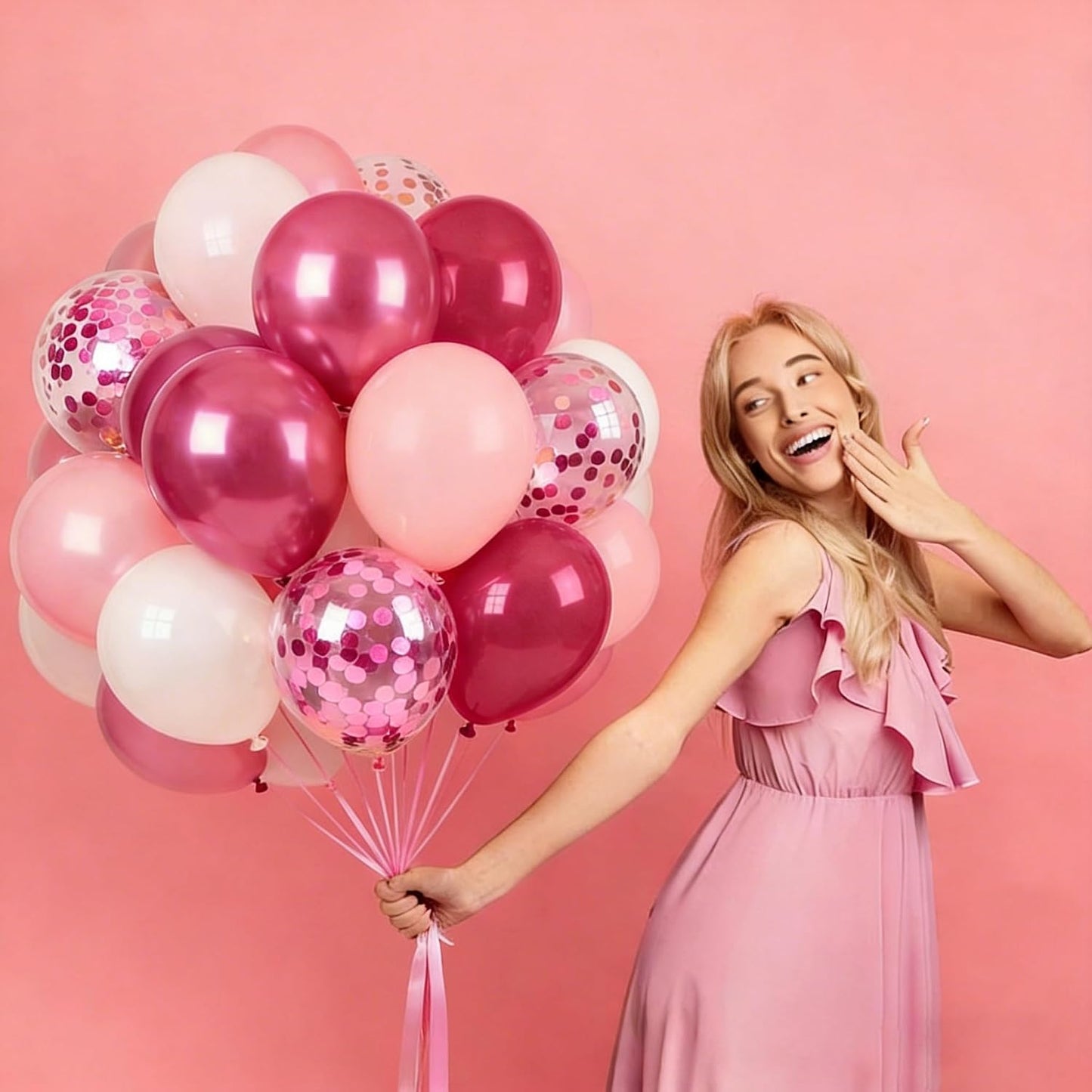 60Pcs 12 Inch Pink Latex Balloons Set - Hot Pink, Pink, Metallic Pink Confetti Party Balloons with Ribbon for Birthday, Wedding, Graduation Anniversary Party Decorations.