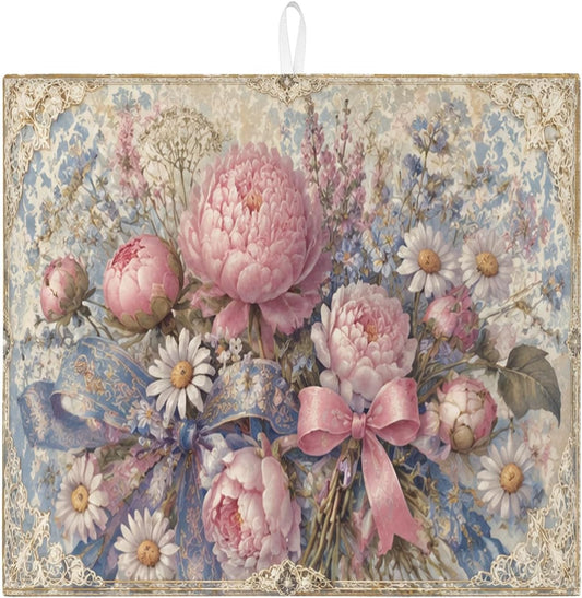 Vintage Peach Floral Dish Drying Mats for Kitchen Counter, Elegant Peony Absorbent Dish Drainer Rack Mat, Spring Garden Microfiber Drying Pad for Kitchen Counter Decor 16x18 Inch