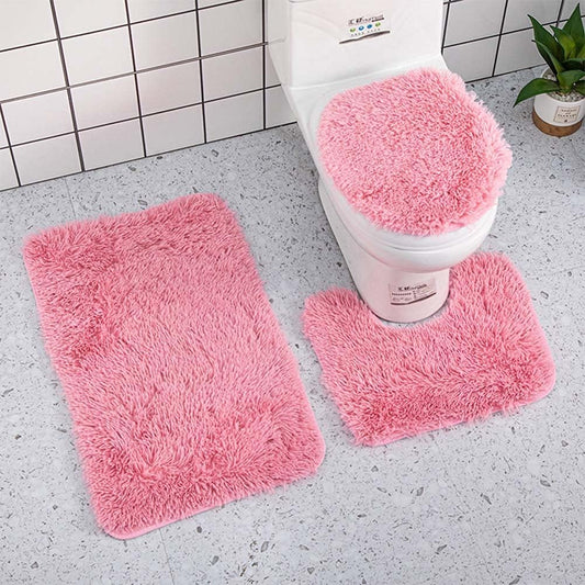 Bathroom Rug Set of 3 Bath Mats Bath Set Bathroom Rugs Soft Anti Slip Soft Mats U-Shaped Contour Toilet Rug Bathmat and Toilet Lid Cover Deep Pink