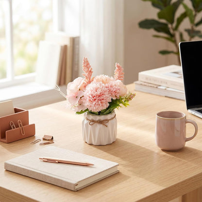 Artificial Potted Flowers Mini Hydrangea with Vase Fake Flower Plants Desktop Decoration Artificial Flower Plants Ceramic Vase for Table Home Office (Pink, One Size)