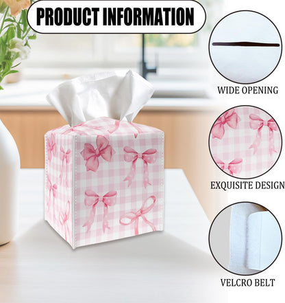 Pink Bows Tissue Box Cover, Square Tissue Box Holder with Bottom Belt, PU Leather Decorative Facial Paper Organizer for Table Top, Bathroom, Car, Office-017