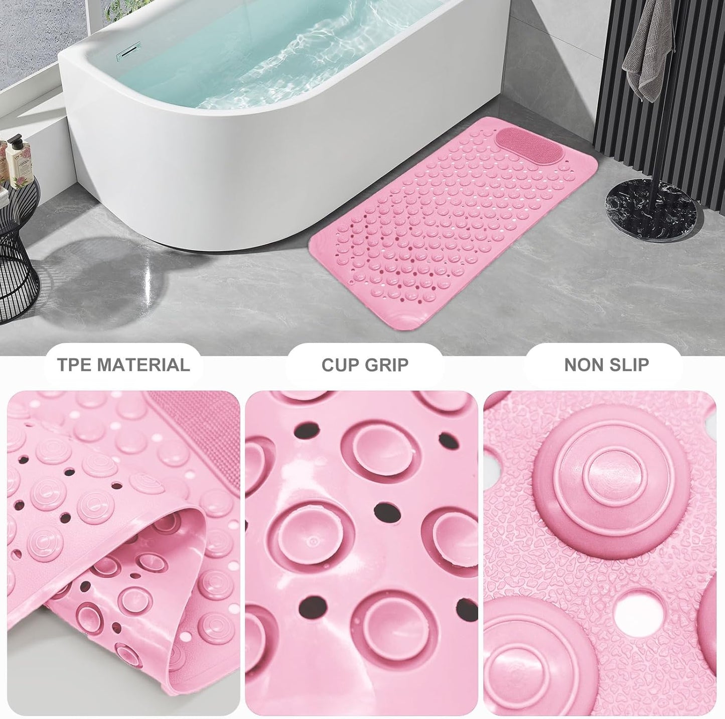 Bath Tub Shower Mat, 27x14 inch Non Slip Bathtub Mat with Suction Cups, Anti Slip Shower Mat with Drain Holes Suction Cups,Shower Foot Scrubber Mat, Foot Massage BathMat (Pink)