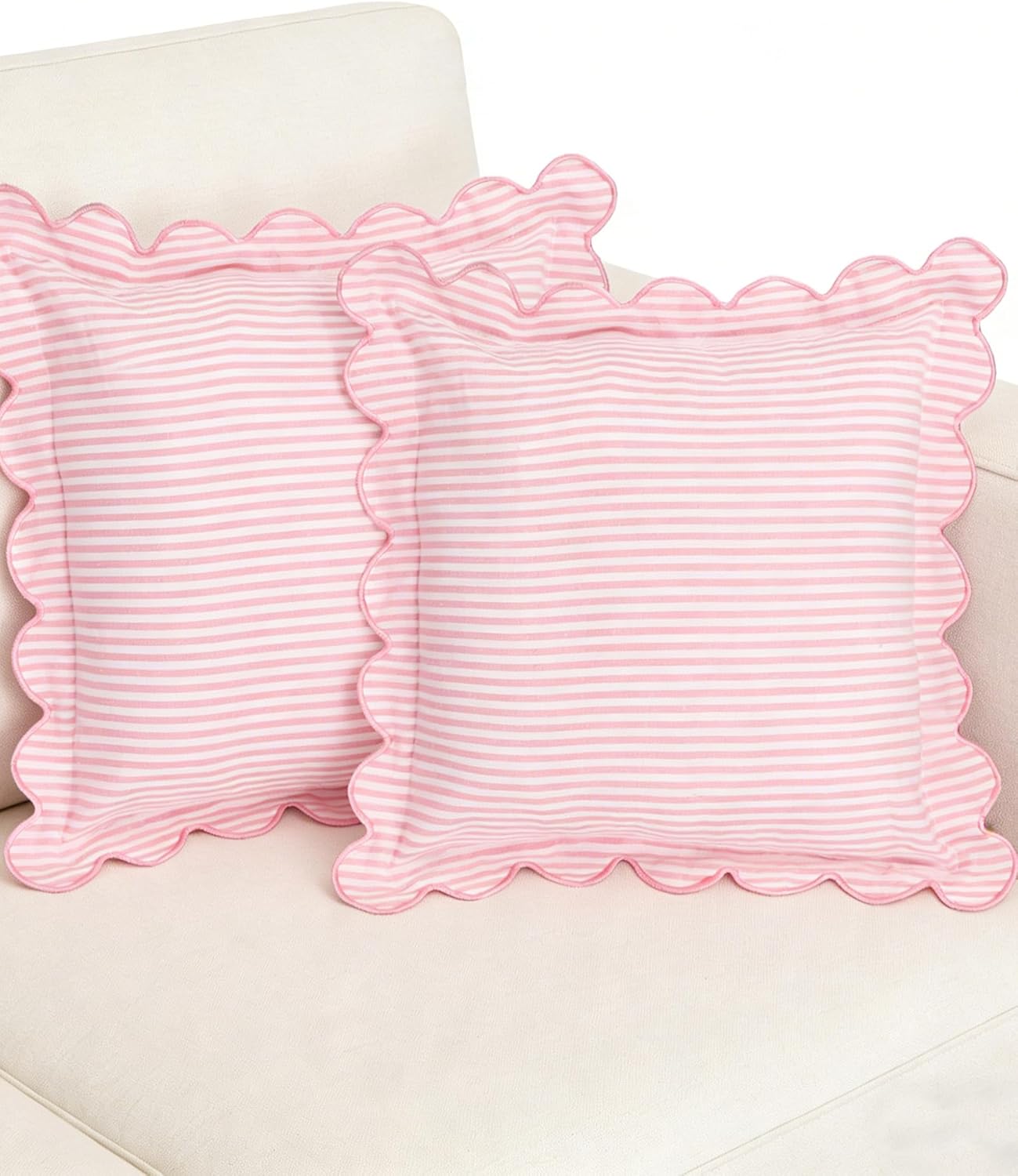 Coastal Style Indoor/Outdoor Scalloped Edge Embroidered Pillow Cover Only, 18“ x 18”, for Sofa, Pink Stripe Design (Pink Stripes)
