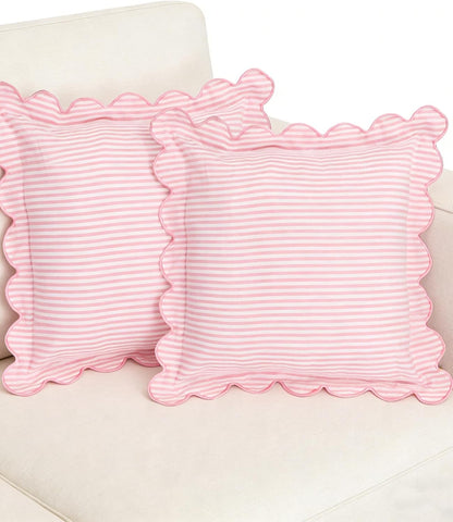 Coastal Style Indoor/Outdoor Scalloped Edge Embroidered Pillow Cover Only, 18“ x 18”, for Sofa, Pink Stripe Design (Pink Stripes)