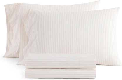 Martha Stewart - Twin XL Size Sheet Set, Breathable Cotton Percale Bedding with Matching Pillowcase, Fully Elastic Fitted Sheet, Deep Pocket, Crisp & Cooling All-Season Comfort (Ticking Stripe Pink)