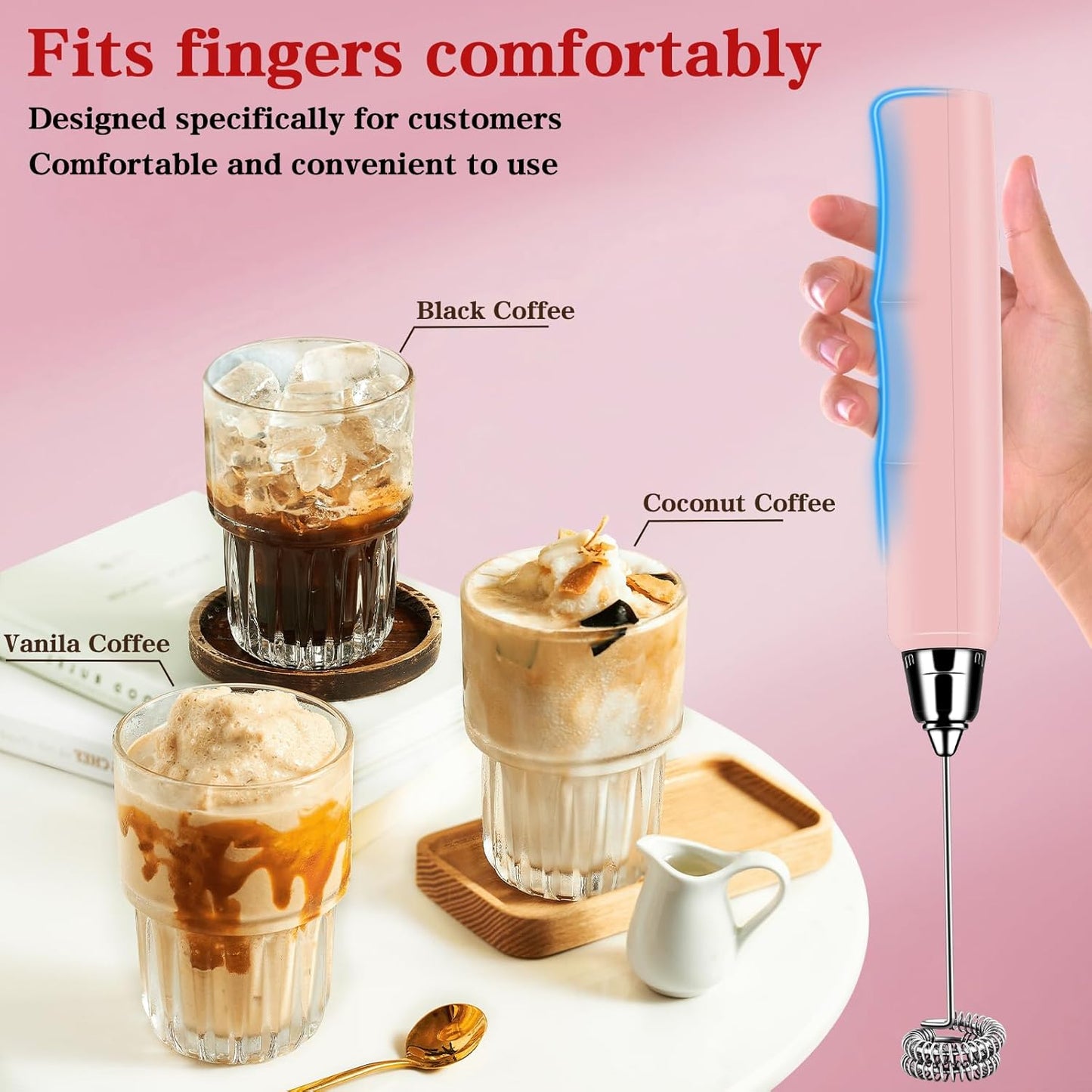 BSRGMS Milk Frother Handheld for Coffee, Electric Whisk 3 Speed Adjustable, Drink Mixer with Stainless 3 Whisks, Rechargeable Hand Frother Wand, Foam Maker for Latte Cappuccino Hot Chocolate Egg Pink
