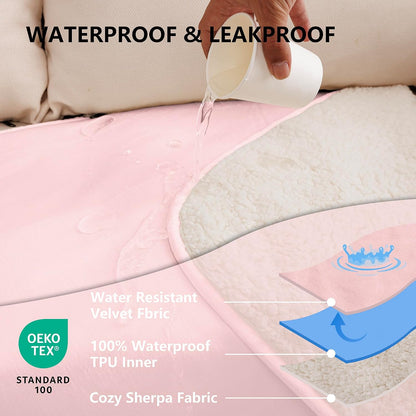 Waterproof Blanket for Couch, Leak Proof Dog Bed Sherpa Throw Blankets Reversible Pet Sofa Furniture Protector Machine Washable-50 x60,Pink