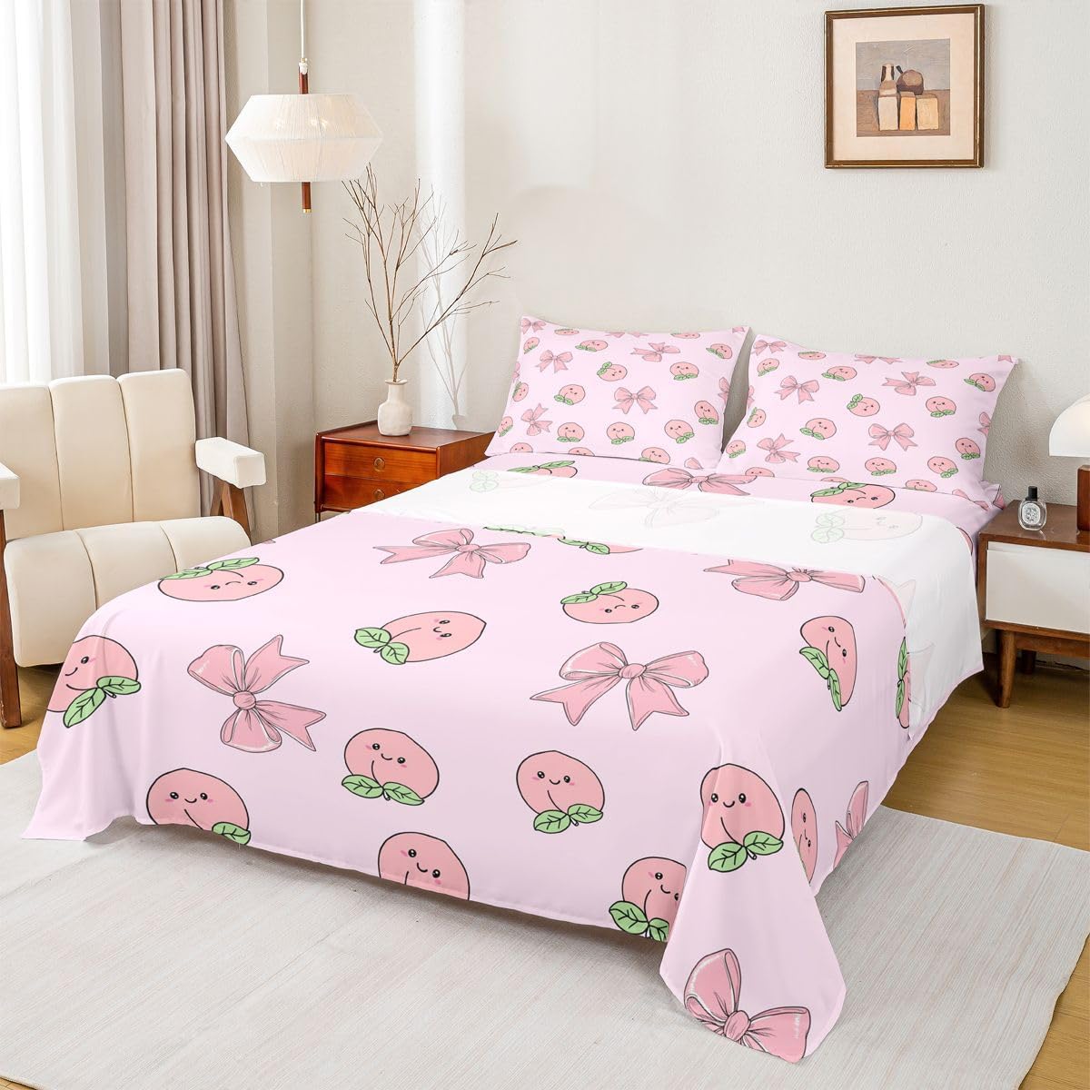 Erosebridal Bowknot Bed Sheets Set King Peach Sheet Set Cute Cartoon Peaches Kawaii Pink Bow Sheets Fruit Princess Ribbon Bowtie Flat Fitted Sheet