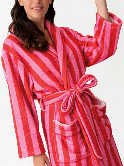 Christmas Fuzzy Fleece Robes for Women Cozy Plush Bathrobe Shawl Collar Warm Winter Short Robes with Belt Pockets
