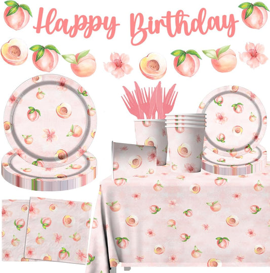 Peach Fruit Birthday Party Supplies,142pcs Sweet As A Peach Birthday Theme Tableware Set Include Peach Plates and Napkins Peach Party Plates for Peach Theme Girl Birthday Peach Baby Shower Decoration