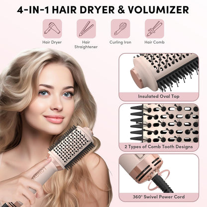 Longyu Travel Dual Voltage Hair Dryer Brush Mini Hot Air Brush with European Plug 110V-240V One Step Blow Dryer and Styler Volumizer for Home & Salon