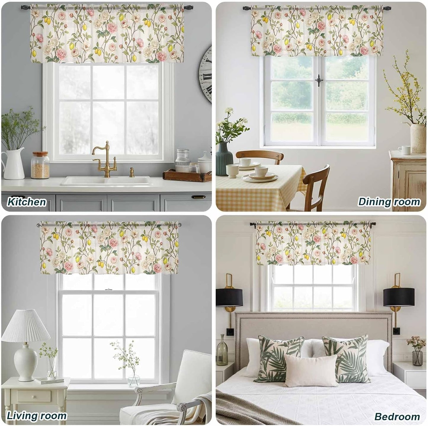 Spring Floral Sheer Curtains Valances for Windows Summer Lemons Farmhouse Art Rustic Chiffon Kitchen Valances for Cafe, Rod Pocket Voile Window Treatments Curtains for Living Room Bedroom, 54"x18"