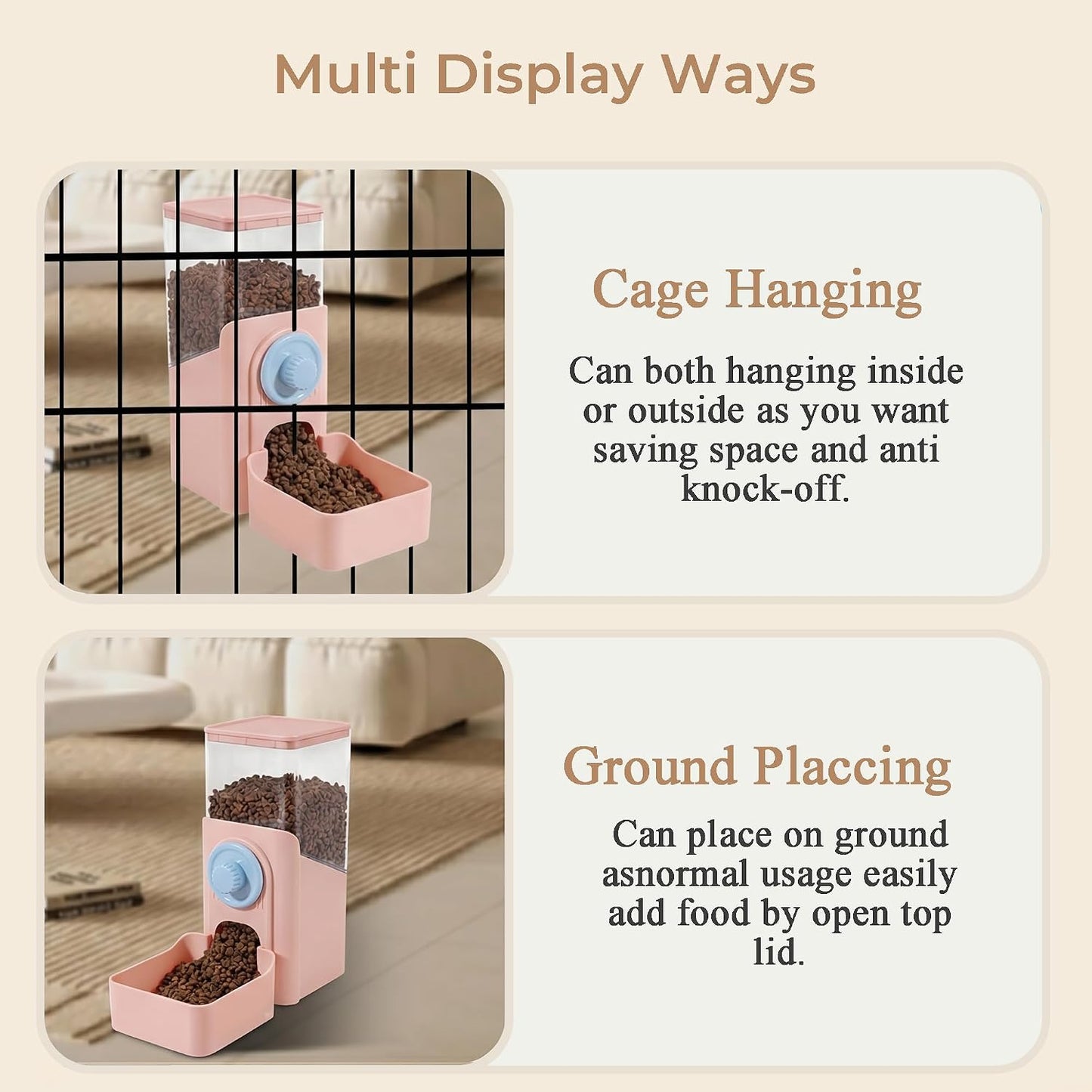 Auto Gravity Food Dispenser for Cage Hanging, 41OZ Capacity Hanging Automatic Pet Cage Feeder, Food Bowl for Cats Dogs Rabbit Ferret Chinchilla Bird Hedgehog Guinea Pig (Pink)