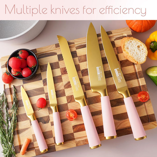 Gold Knife Set, 7 Pieces Titanium Coated Knife Block Set with Pink Wood Block, Ultra Sharp Stainless Steel Chef Knife Sets for Kitchen Built-in Sharpener, Kitchen Accessories and Decor (Pink)