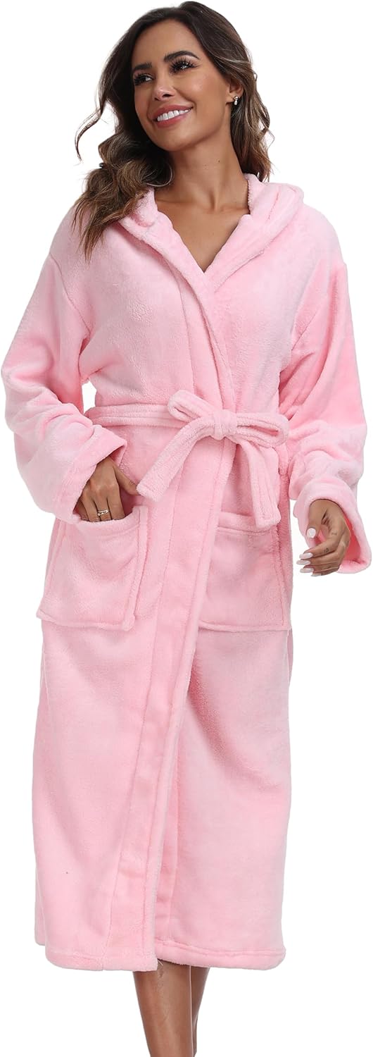 Womens Hooded Plush Bathrobe Warm Fleece Soft Long Robe Fuzzy Full Length Gown Shower Spa House Kimono for Women