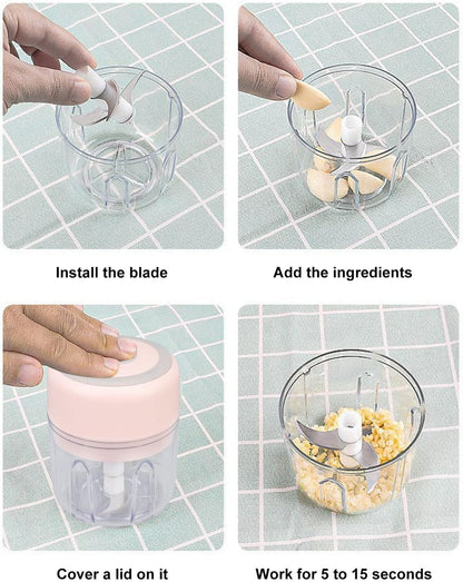 Electric Garlic Chopper, 250ML Garlic Grinder Masher Onion Chopper, Mini Portable Veggie Chopper, stainless steel blade Food Processor, Portable Electric Mini Food Chopper (Pink)