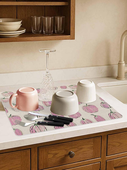 Coffee Mat for Countertops Fall Thanksgiving Light-pink Pumpkin Pattern Retro Linen Absorbent Dish Drying Mat for Kitchen Counter Coffee Bar Accessories Rubber Backed for Espresso Machine 16" x 18"