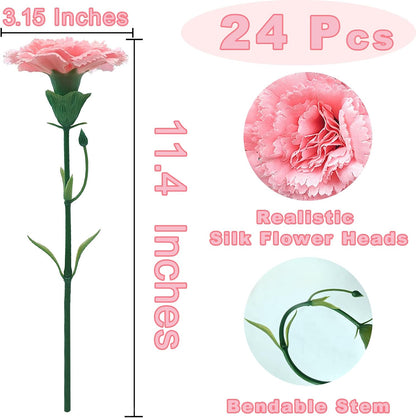 24 Pcs Pink Carnations Artificial Flowers, 11.4 Inch Faux Silk Carnations with Stems for Wedding Bouquets, Home Decor, Table Centerpieces