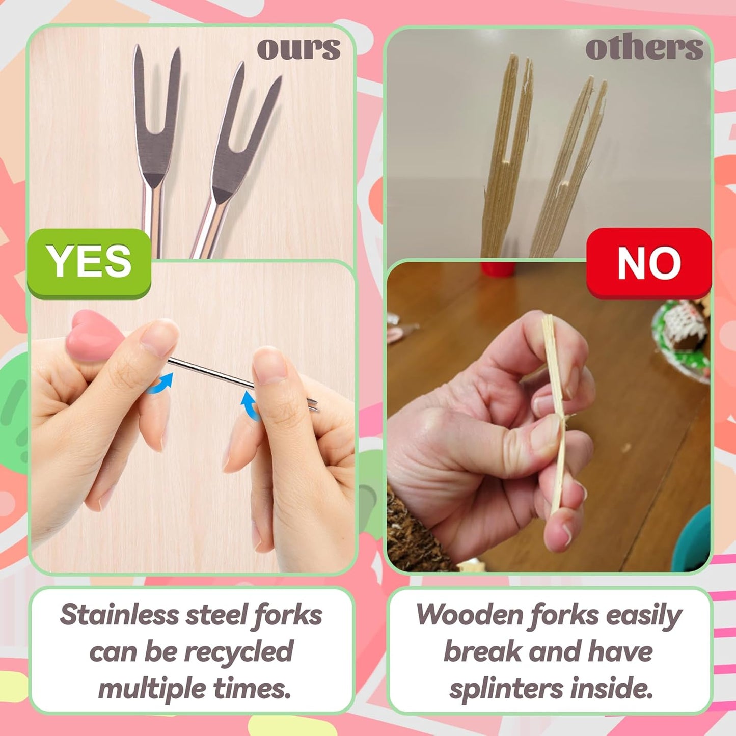 Set of 10 Stainless Steel Fruit forks and 1 Pink Love Holder, Fruit Forks Salad Forks Food Picks