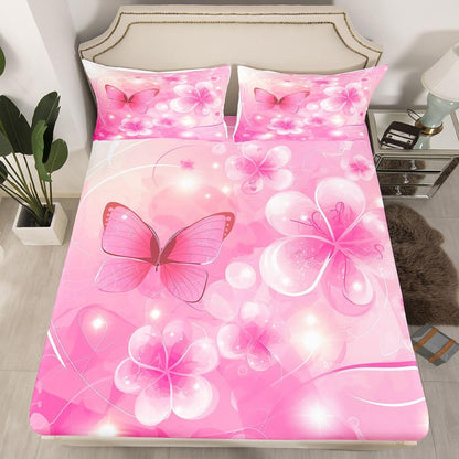Erosebridal Flower Bed Sheets Set Twin Butterfly Sheet Set Glitter Peach Blossom Dots Princess Sheets Dreamy Pink Florals Line Flat Fitted Sheet