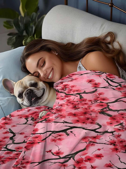 Chinese Flowers Full Size Flat Sheet Only, Hotel Luxury Microfiber Bed Top Sheets, Spring Pink Peach Blossoms Floral Soft Breathable Bedding Sheet for Bedroom, Easy Care - 81" x 96"