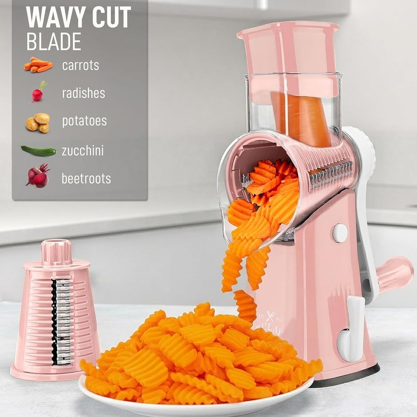 Zulay Kitchen Rotary Cheese Grater 5 Blade Cheese Shredder - Manual Hand Crank Cheese Grater With Reinforced Suction & 5 Interchangeable Drums - Easy to Use, Vegetable Chopper Round Mandoline Slicer