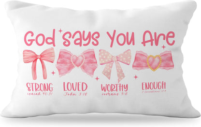 Pink Bow Coquette Christian Pillow Covers 12x20, Pink Coquette Room Decor, Girly Bedroom Decor, God Says You are Affirmation Bible Verse Pillow Covers, Christian Gifts for Women Teen Girls